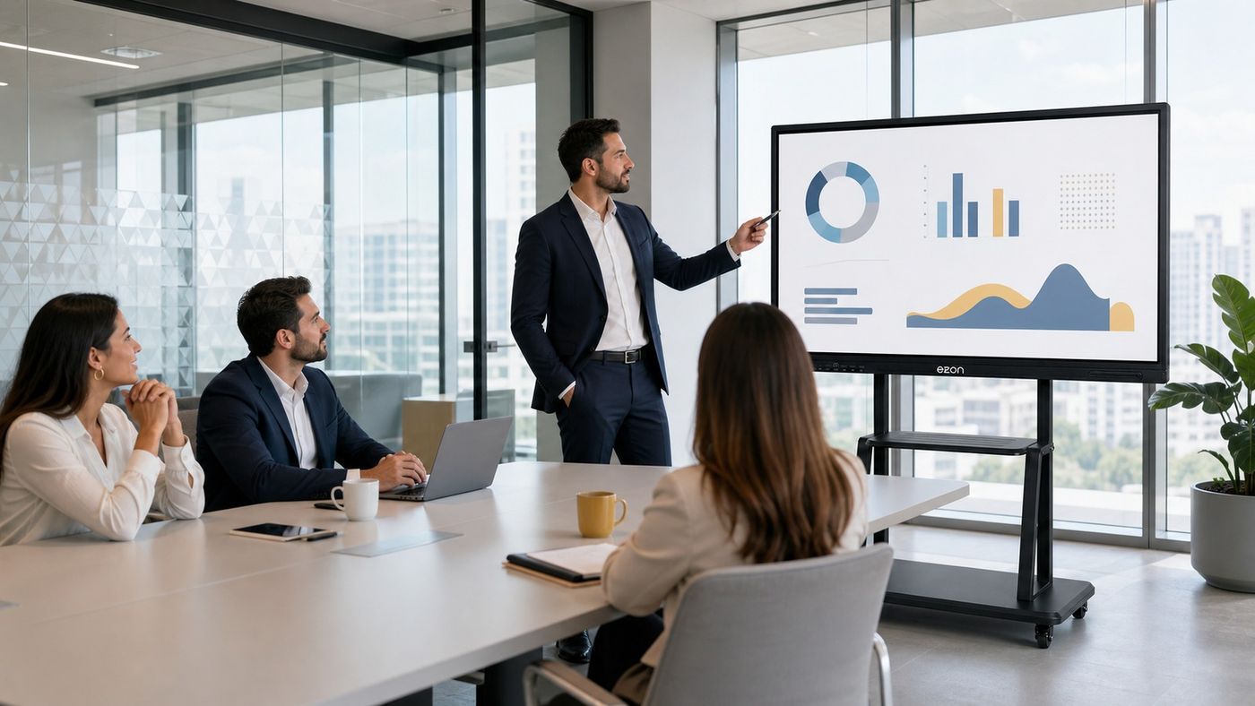 An eZon interactive panel on a mobile stand in a corporate boardroom, presenting charts to a seated team