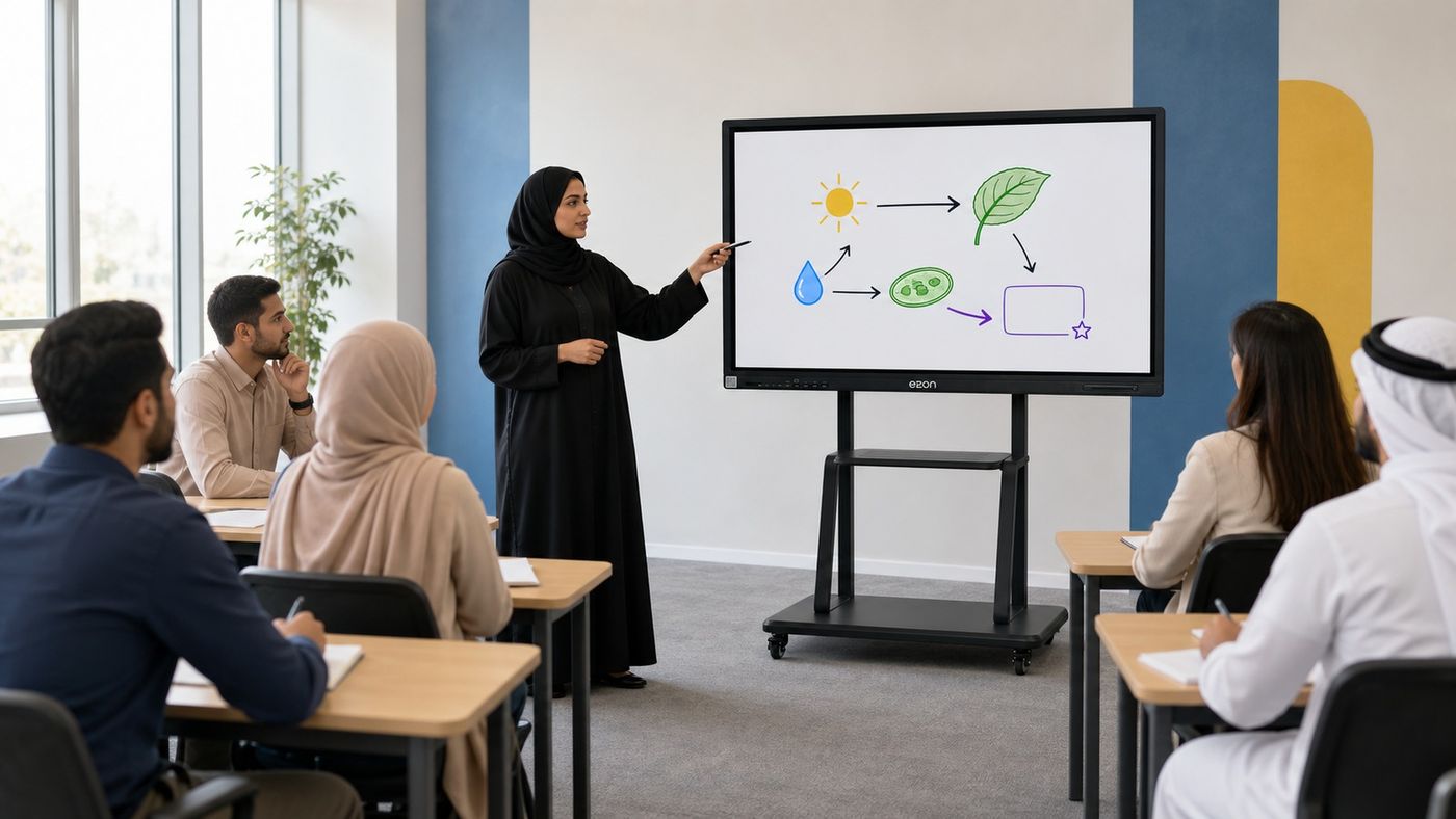 A teacher using an eZon interactive panel to present a diagram to students in a classroom