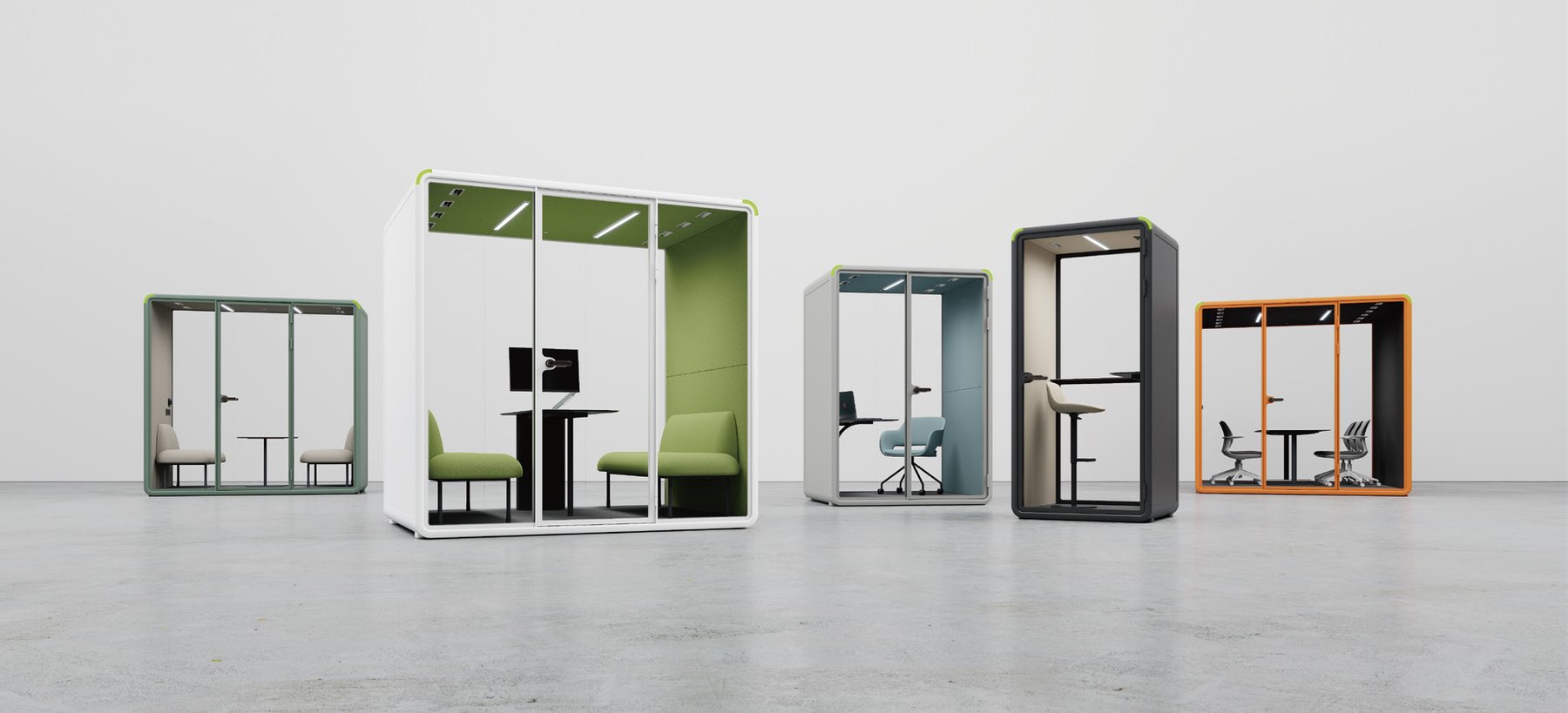The Hush Pod range shown together: single booths, two-person pods and larger meeting pods