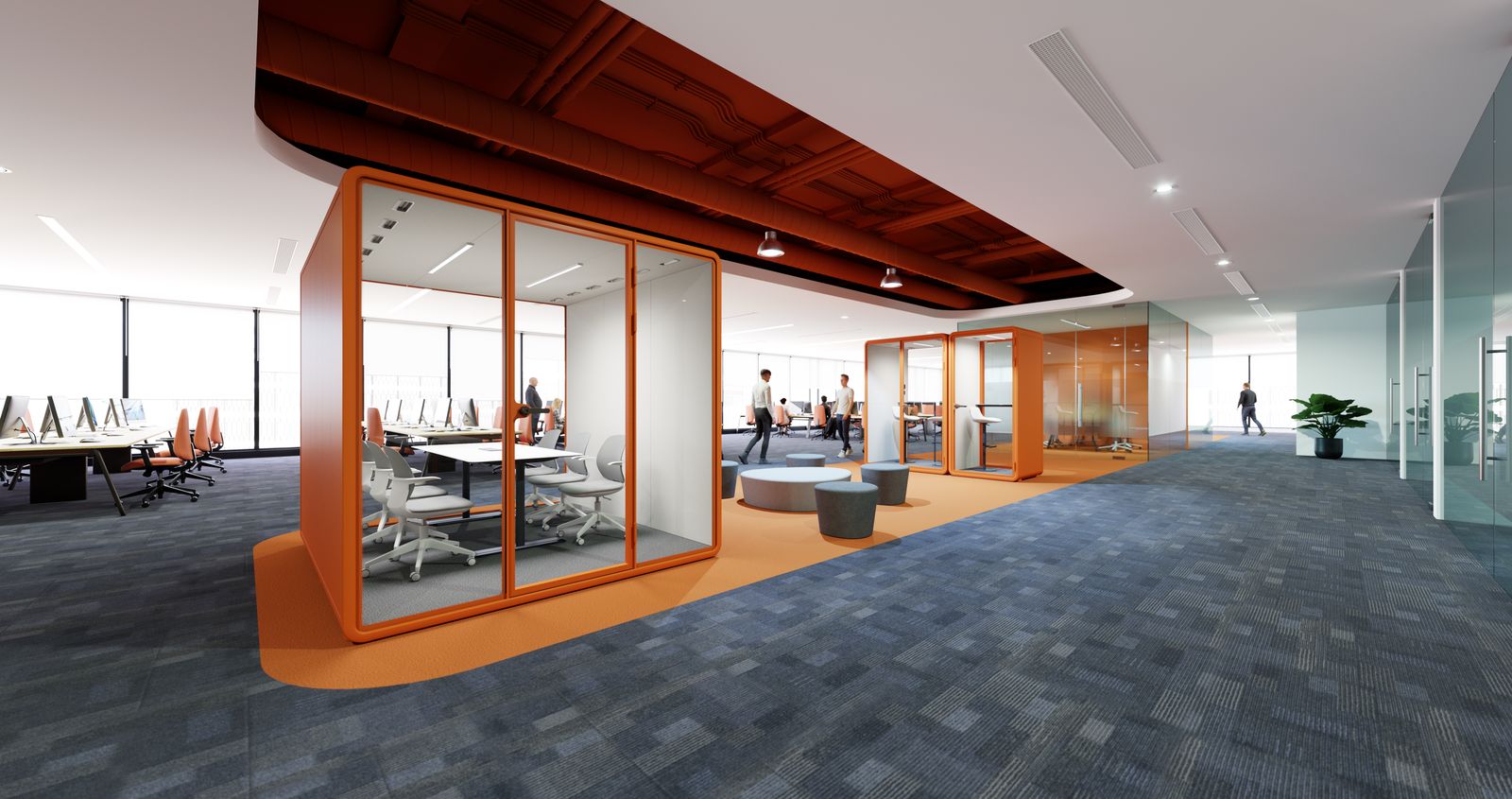 Hush Pod meeting and focus pods placed within a modern office