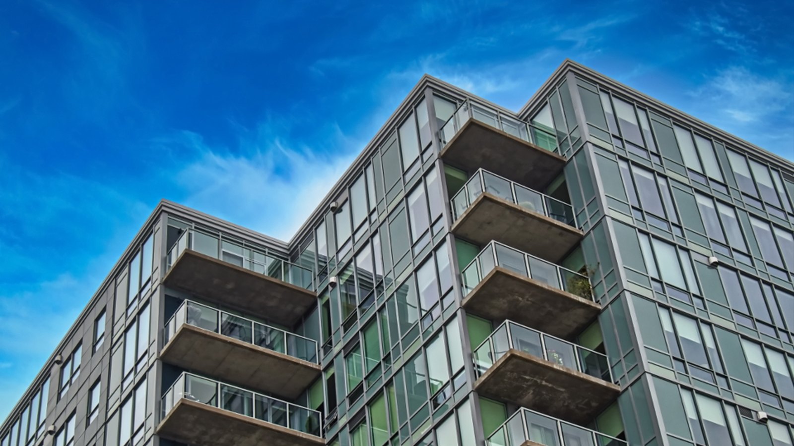 Low-rise residential apartment building with balconies